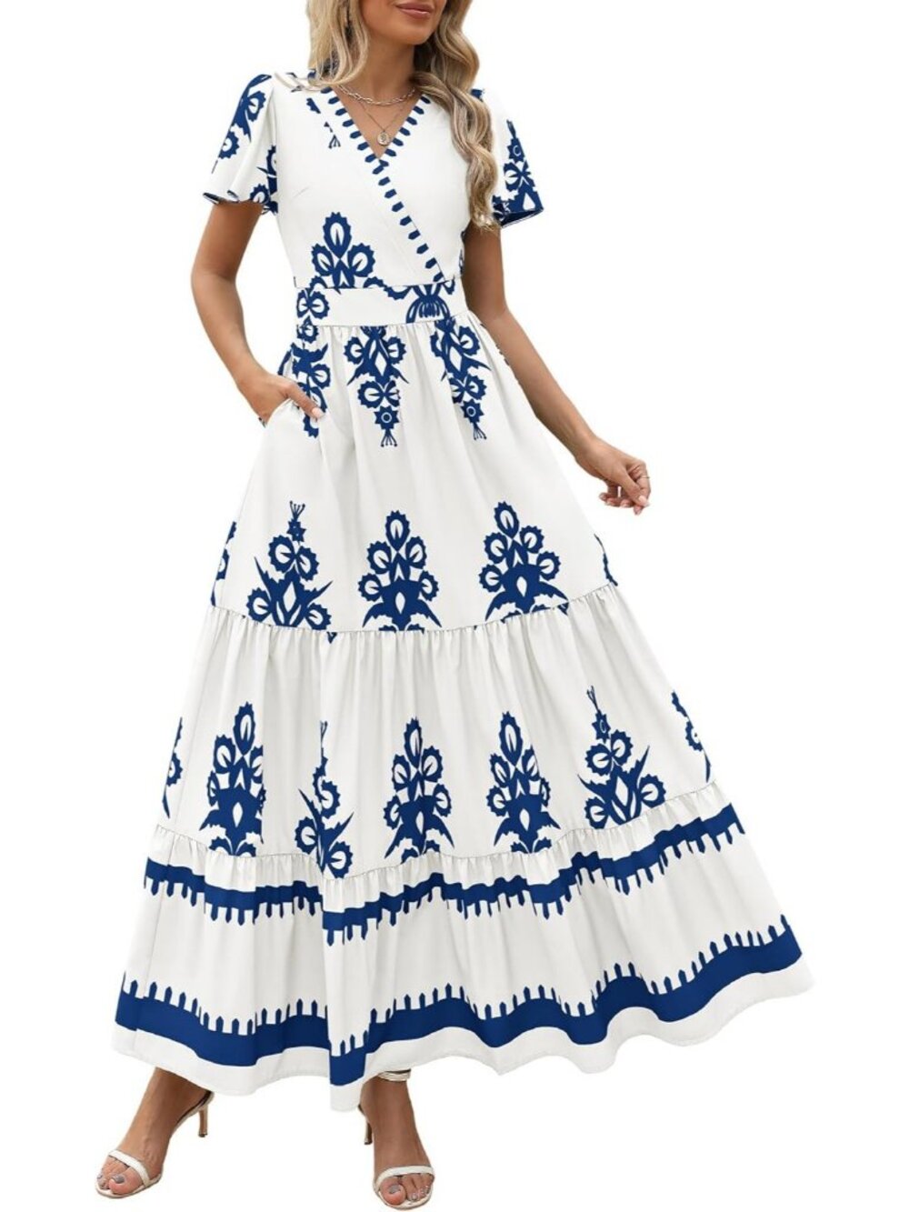 Women's Floral White Blue Boho Maxi V Neck Bell Sleeve Flowy Dress W/Pockets - Picture 1 of 6